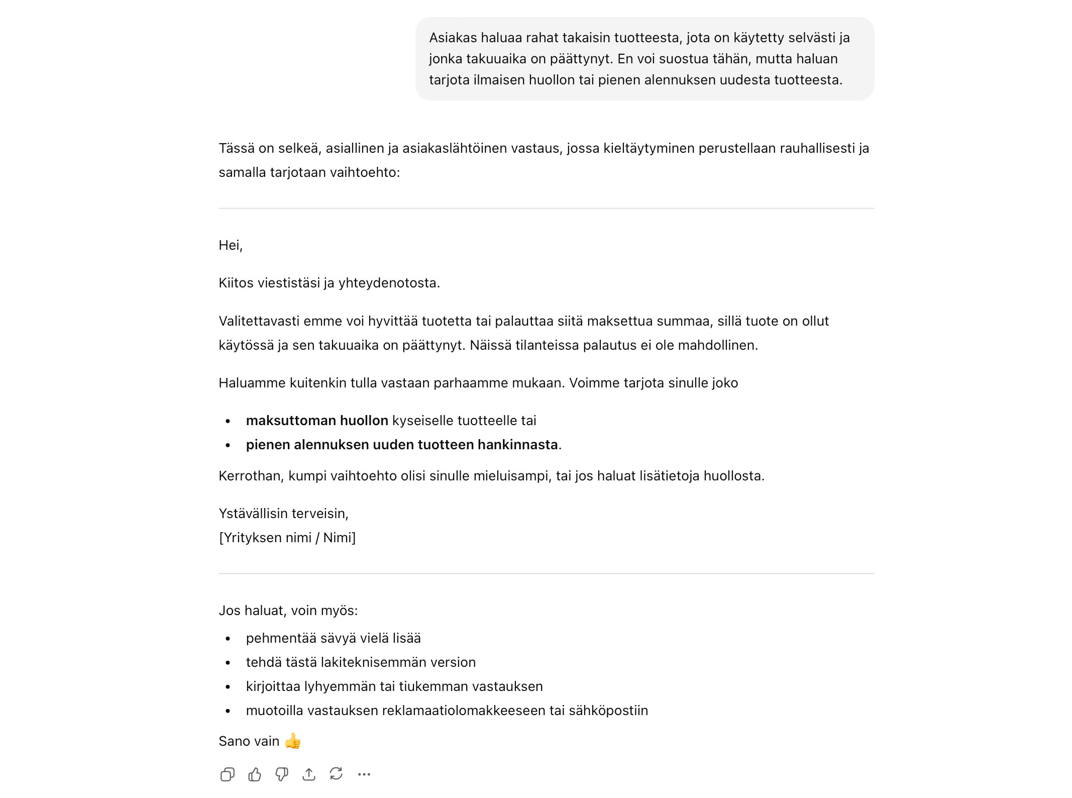 Chatgpt-reklamaatioesimerkki ChatGPT auttaa yrittäjää vastaamaan reklamaatioon asiallisesti