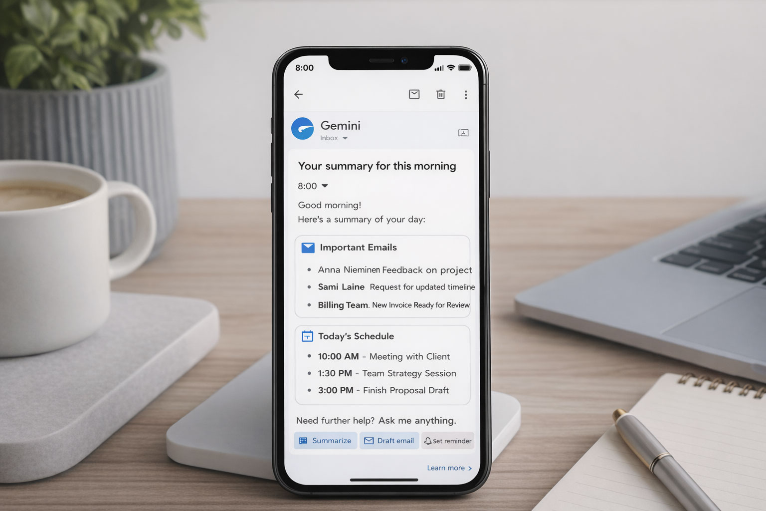 Gemini-esimerkki-puhelimeen-kooste Kuvitteellinen näkymä jossa Gemini on tehnyt aamulle yhteenvedon
