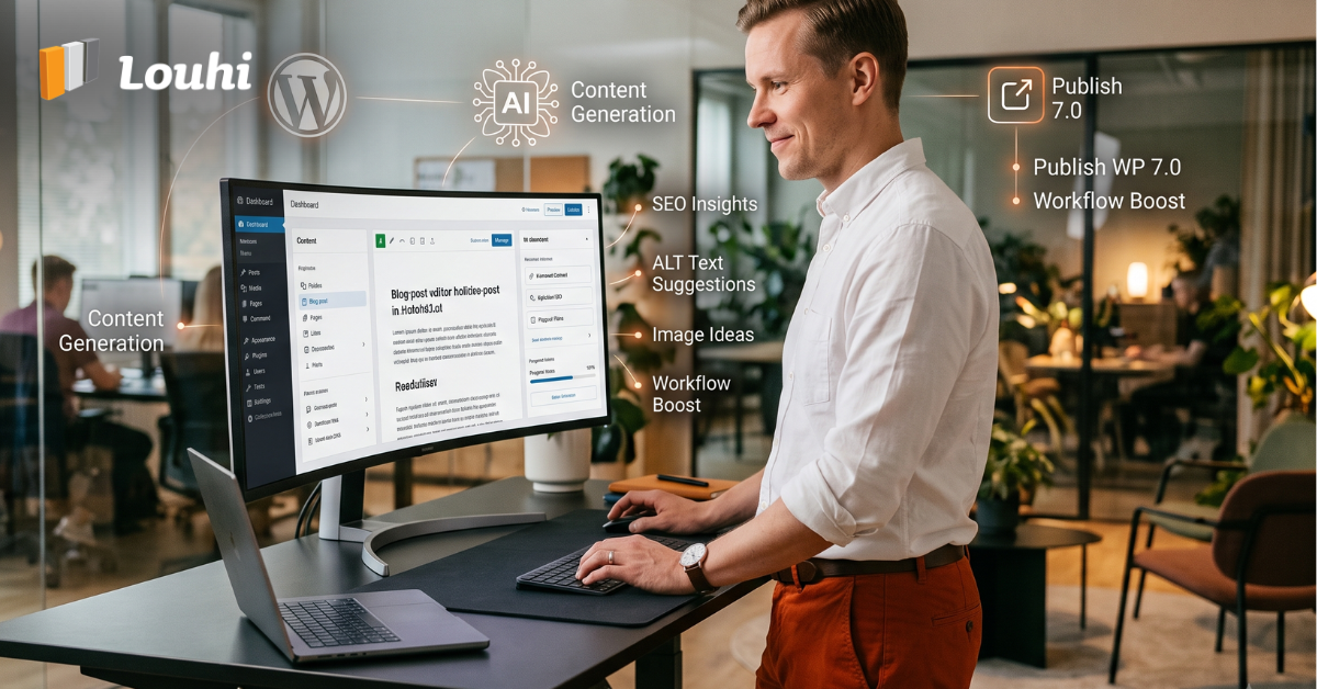 Mies työskentelee WordPress-sivuston parissa tekoälyä hyödyntäen.