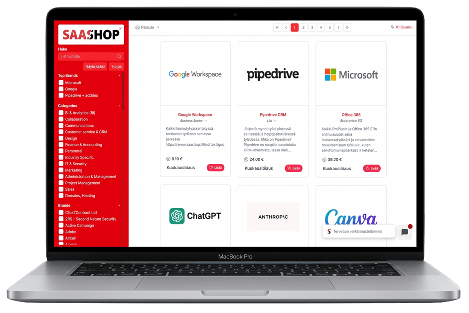 saashop-laptop-computer-kompressoitu Kannettava tietokone, jossa näkyy SaaShopin ohjelmisto katalogi.
